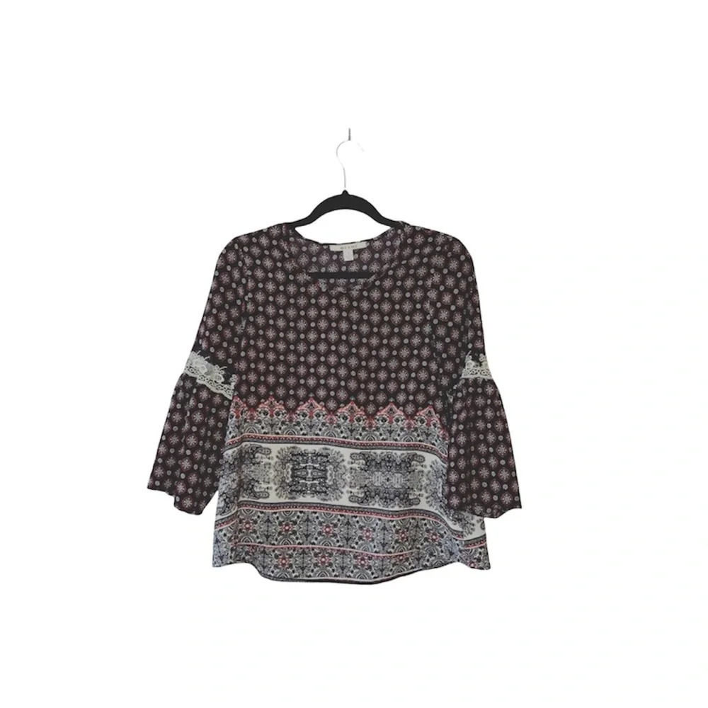 Francesca’s Miami Boho Printed Blouse Black & Red Wide Sleeve Small Women’s